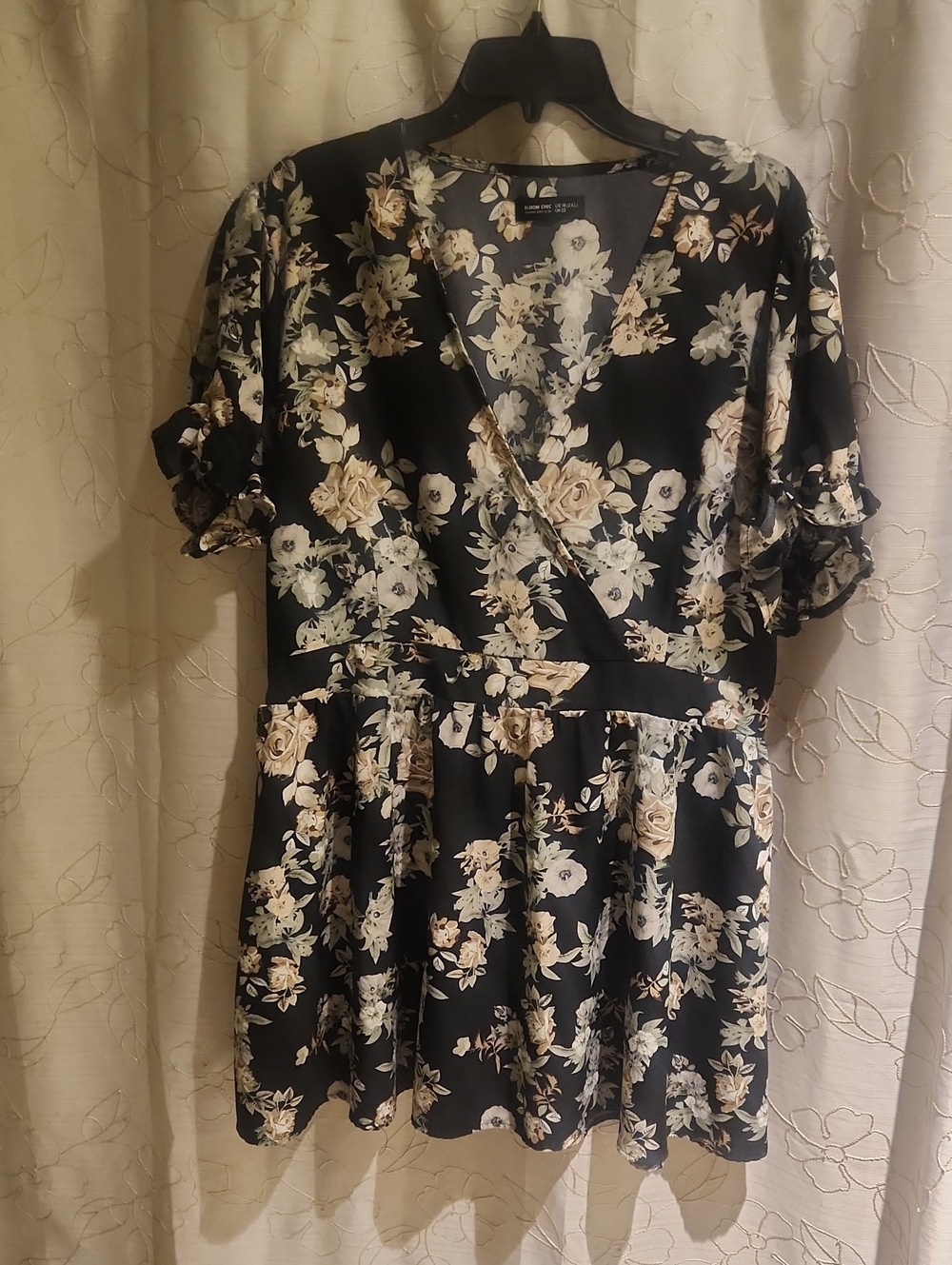 Floral Black & Cream Wrap-Front Women's Dress